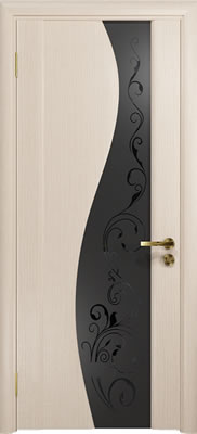 Межкомнатная дверь Фрея-2. Цвет беленый дуб, стекло черное с рисунком