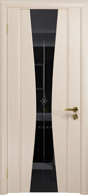Межкомнатная дверь Соната-2. Цвет беленый дуб, стекло черное с рисунком